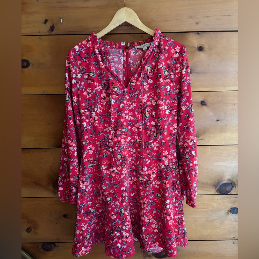 LOFT Red Floral Long-Sleeve Tunic Dress